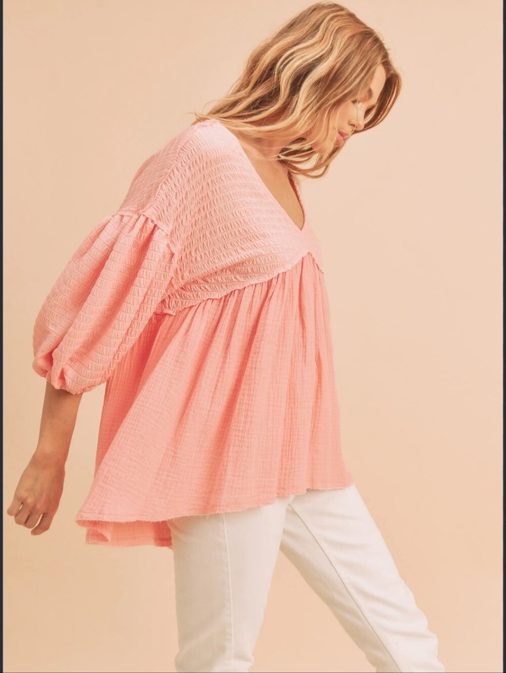AEMI & CO Pink Smocked V-Neck Babydoll Tunic Size Large Oversized